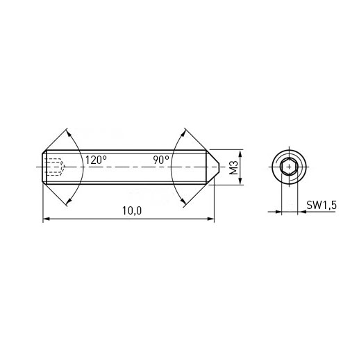 Set Screw DIN914/ISO4027 M3x10 ST-A2 Stainless Hex Socket Cone Point